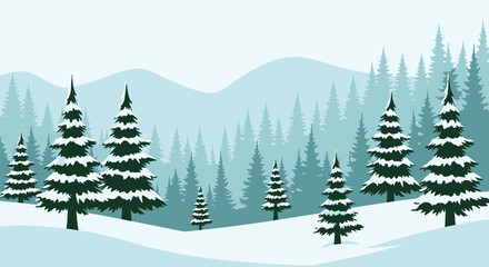 Fototapeta premium Winter forest landscape with snow-covered pine trees and mountains