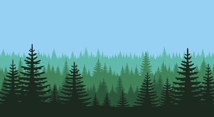 Obraz premium Vast Evergreen Forest Landscape, Pine Trees Silhouette, Nature Background