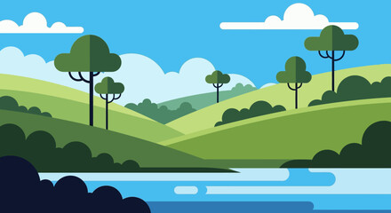 Fototapeta premium Vibrant Flat Landscape: Rolling Green Hills, Blue River, and Trees under a Cloudy Sky