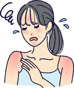 日焼けによる肌トラブルに悩む女性のイラスト（赤み・ヒリヒリ・UVダメージ）