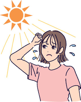 強い日差しで暑さに困る女性のイラスト（猛暑・熱中症・紫外線）