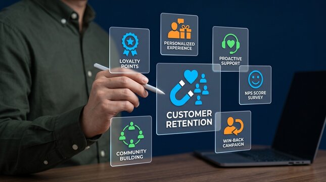 A businessman interacting with a digital customer retention interface on a transparent screen