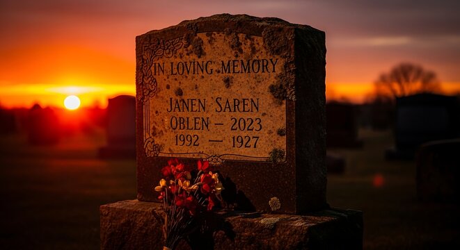 A tombstone at sunset in a cemetery.
