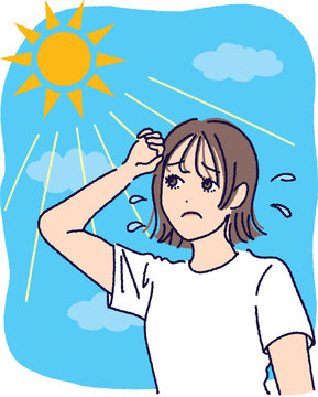 日差しを気にしている女性のイラスト（背景あり）