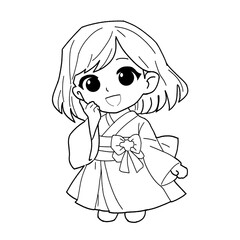Fototapeta premium chibi-kimono-girl-line-art-pose-03-holding-flowe