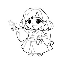 Fototapeta premium chibi-kimono-girl-line-art-pose-04-butterfly-greeting