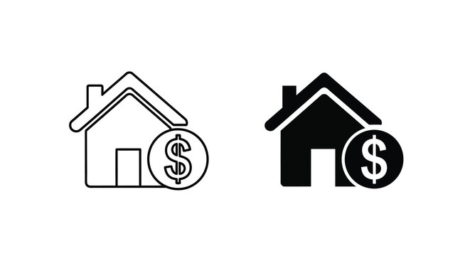 A minimalist depiction shows two house icons each with a dollar sign symbol integrated into their design