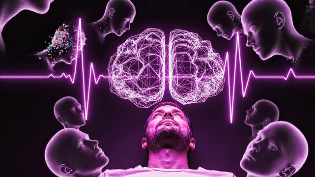 Man thinking, visualizing brain activity and consciousness, static shot