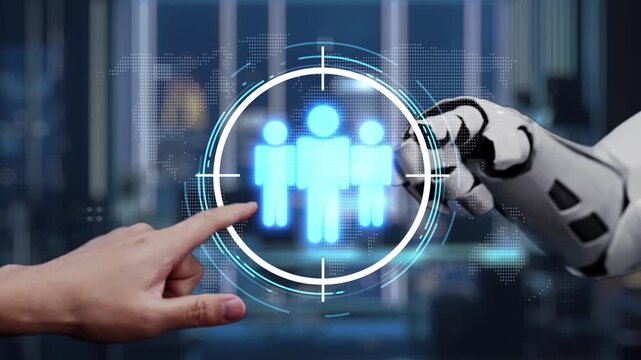 A human hand interacts with a robotic hand, showcasing the concept of collaboration and teamwork in a digital workspace, highlighting innovative technology and connectivity. Auvana