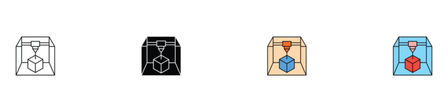 3D printer icon set. Industrial additive manufacturing and rapid prototyping symbols. Vector illustrations of laser cutting and digital fabrication for engineering and technology concept.