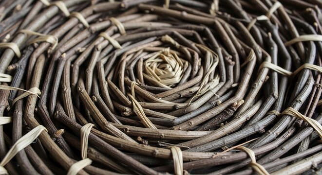 Close up of a woven basket made from natural twigs and branches.