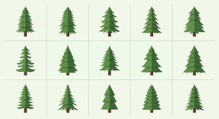 Obraz premium Collection of stylized evergreen fir trees in flat design, isolated on light background