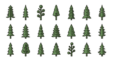 Fototapeta premium Collection of stylized green coniferous trees and plants, flat design icons
