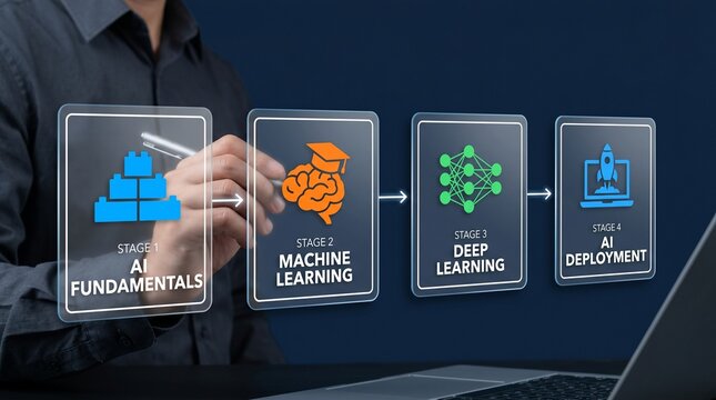 A person interacting with a digital flowchart of artificial intelligence stages on a transparent screen