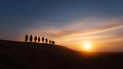 Fototapeta premium A group of friends walks across a sand dune at sunrise silhouetted against the vibrant colors of the sky