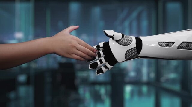 A human hand reaches toward a robotic hand in a digitally enhanced environment showcasing interaction. The scene symbolizes technological advancement and collaboration. Auvana