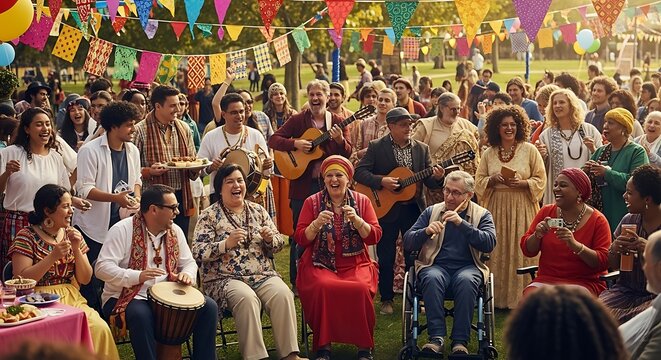 Diverse Group of Seniors Enjoying a Lively Outdoor Community Festival Party.