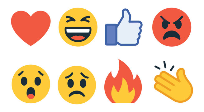 Social Media Reaction Icons Set, heart like laugh thumbs up angry surprised sad fire clapping hands symbols, flat vector emoji style design