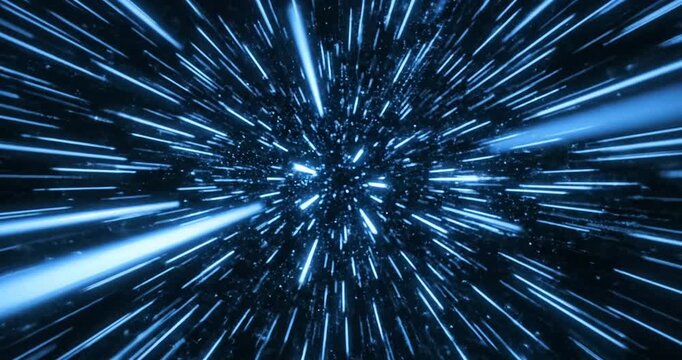 Futuristic light speed travel through a vibrant blue tunnel with dynamic streaks and glowing effects