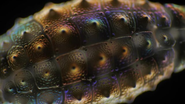 Close-up of colorful sea urchin shell with intricate texture and geometric pattern, reflecting iridescent light.