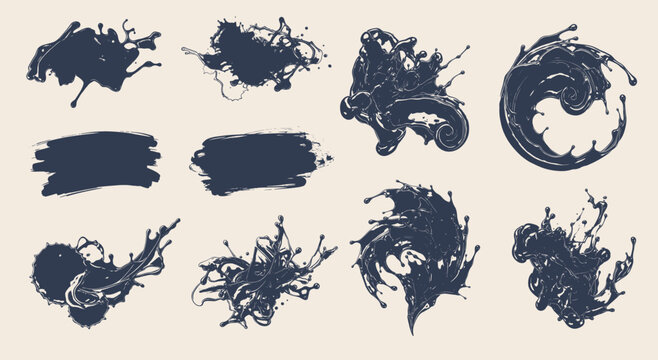 Abstract navy splash shapes and brush strokes on beige background