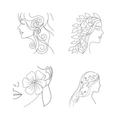 Fototapeta premium Set of four minimalist line art portraits of women with floral and natural elements.