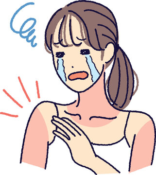 日焼け跡に気がついて泣いている女性のイラスト