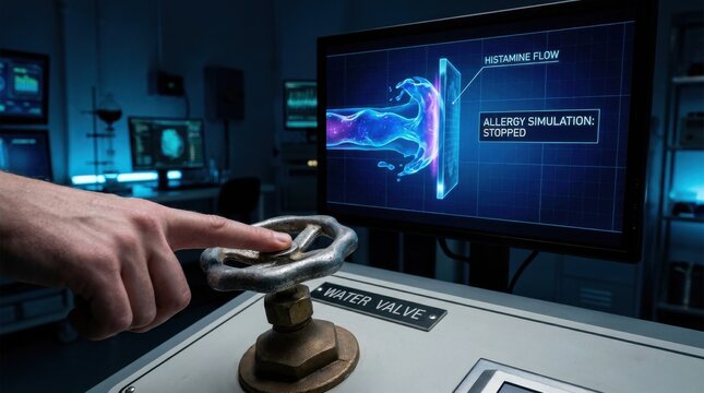 A hand turning a physical water valve to stop a digital histamine flow simulation in a lab setting