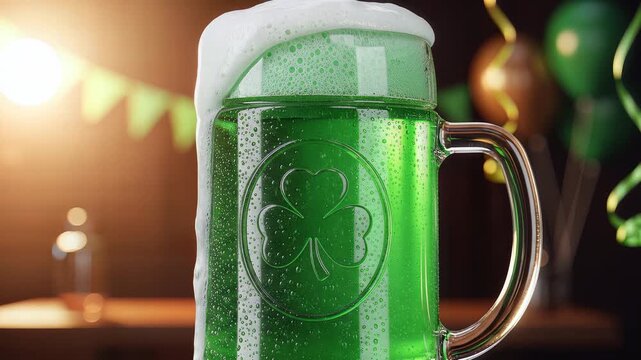 St. Patricks Day Green Beer Celebration with Shamrock Mug and Festive Decor.