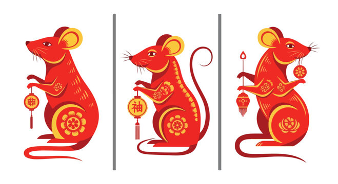 Red chinese rat vector illustrations holding lanterns in different poses