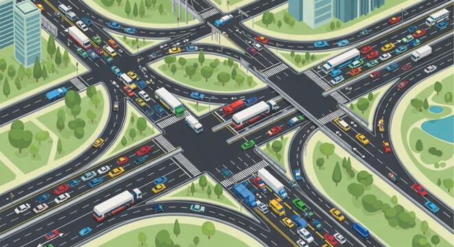 Busy city highway interchange with heavy traffic congestion.