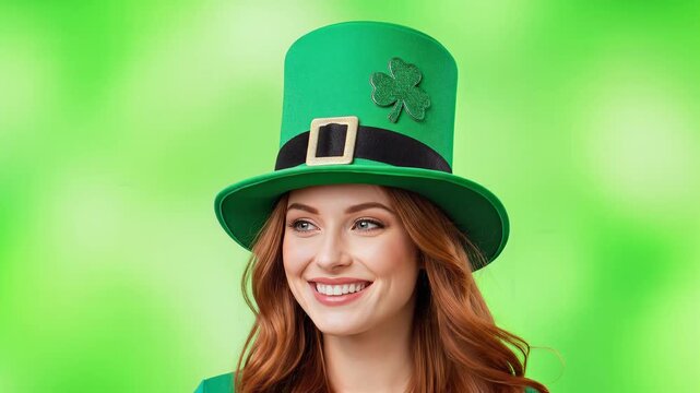 St. Patricks Day Portrait of Smiling Woman in Green Hat.