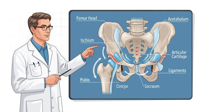 Doctor Explaining Hip Joint Anatomy and Pelvis Bone Structure with Labels