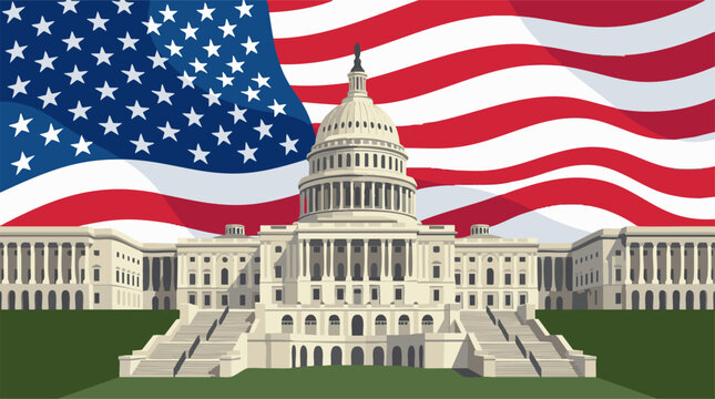 United States Capitol Building with Waving American Flag Illustration
