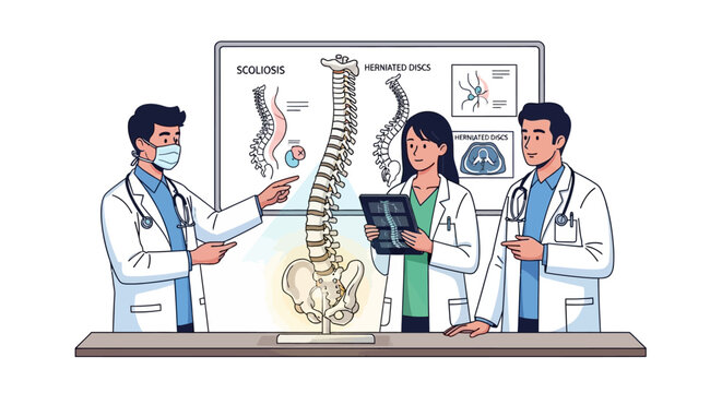 Doctors Discussing Spinal Health: Scoliosis, Vertebrae, X-ray Scan