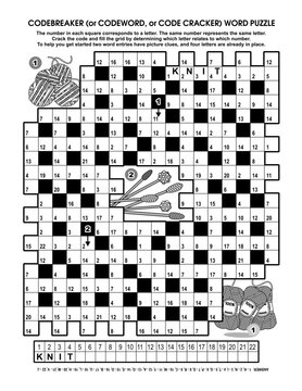 Knitting codebreaker (codeword, code cracker) word puzzle, brain game. Knitting picture clues as hints. Answer included.

