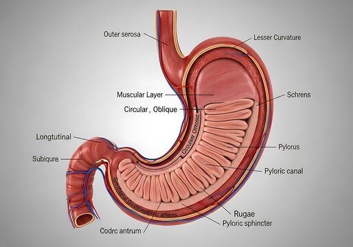 Detailed anatomical cross-section of the human stomach highlighting its internal layers, curvatures, and key structures involved in digestion