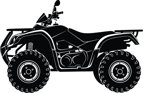 ATV quad bike silhouette illustration, off road vehicle design, all terrain transport graphic, black four wheeler icon isolated on white background