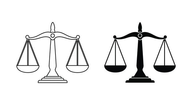 A black and white illustration depicts two scales of justice one outlined and one filled symbolizing balance and law