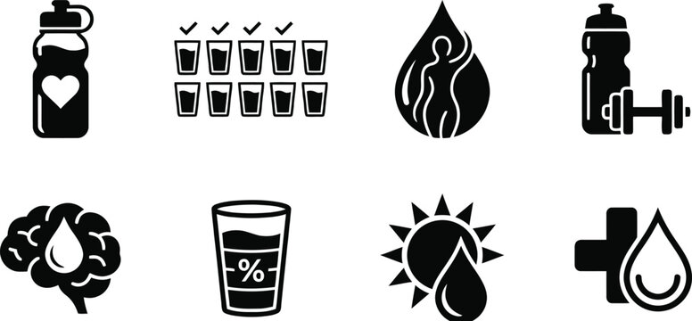 Hydration Health Wellness Drinking Water Icon Vector Set