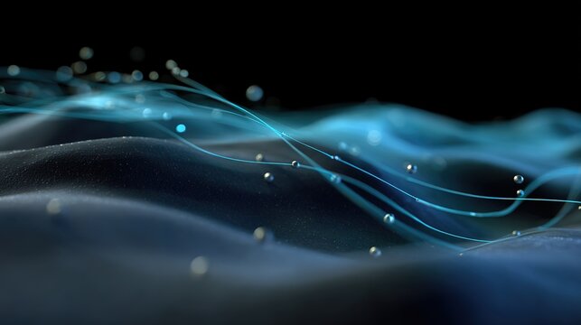 Abstract Blue Wave: The image is a captivating abstract composition featuring flowing, wave-like forms in varying shades of blue, intertwined with shimmering orbs. It evokes a sense of fluid movement.
