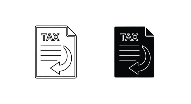 A simple depiction showcases two black and white tax form icons each with a curved arrow high quality