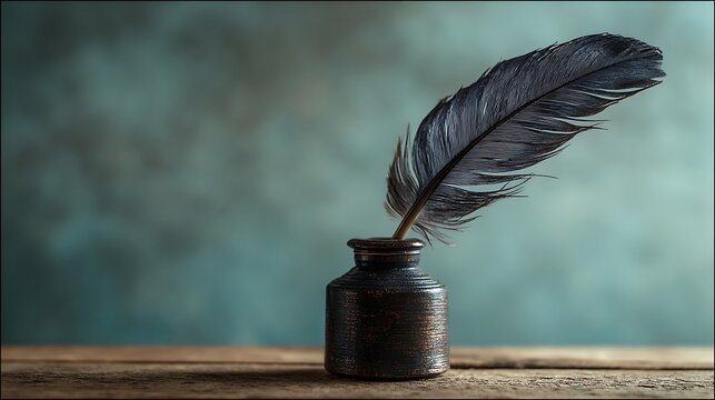 Vintage quill pen rests elegantly in an old inkwell on wood