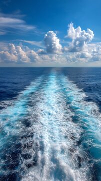 White foamy wake stretches across the deep blue open ocean