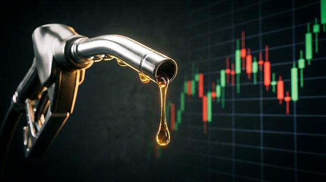 Gasoline nozzle with dripping fuel over stock market chart showing energy prices, concept of volatile oil market, economic inflation and cost of fuel.