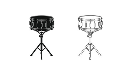 Two black and white illustrations depicting snare drums with stands presented in a clean minimalist style high quality © Tushar02