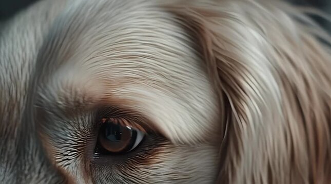 Close-up of a beloved dog's expressive brown eye and soft golden fur, highlighting intricate details and a soulful gaze