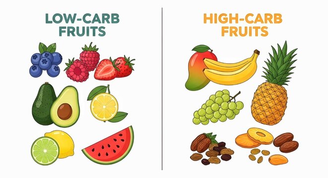 Side-by-side fruit comparison illustration showing low-carb fruits in cool tones and high-carb fruits in warm tones, labeled in a clean, flat educational poster layout.