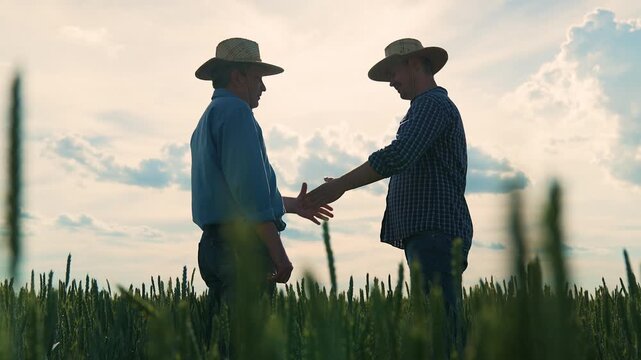 Farmers shaking hands in wheat field, Agriculture partnership on the field, Friendly handshake between farm workers, Rural businessmen agreement, Two men meeting on farm, Wheat field handshake at