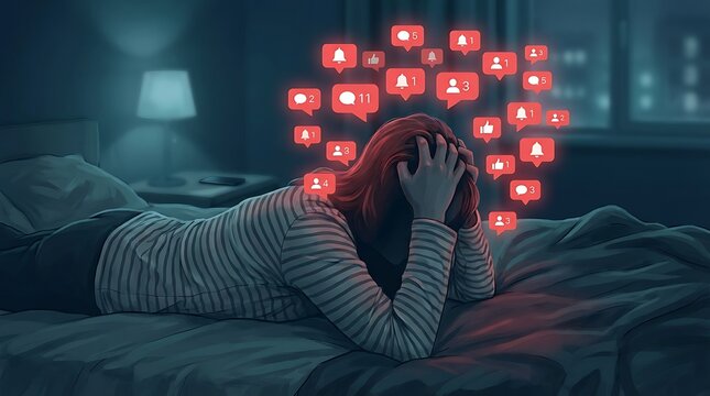 Woman lying in bed at night distressed by overwhelming social media notifications, red icons of likes messages and alerts forming a cloud above her head.